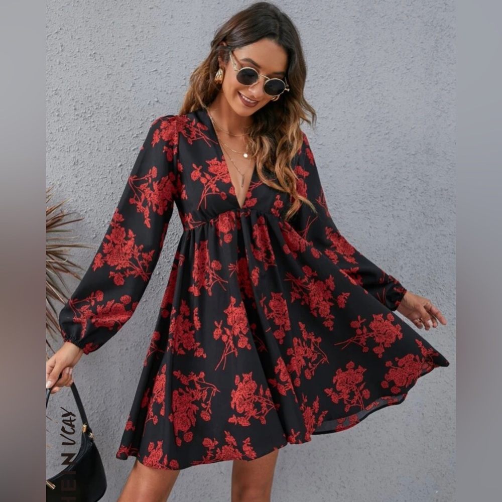 SHEIN Floral Lantern Bishop Sleeve short Dress Red and Black V neck  flared
